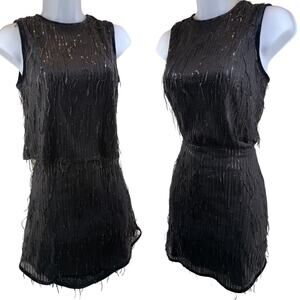 Avec Les Filles Black Sequin Fringe Top Mini Skirt Set Sz XS / S Western Rodeo *